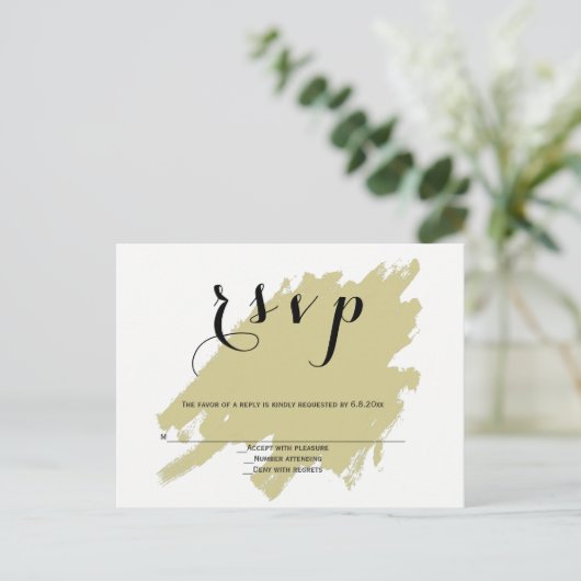 Moderne gouden verf bruiloft RSVP briefkaarten (Staand voorkant)