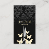 Moderne Gouden Vlinders Donker Damast Haar Stylist Visitekaartje (Voorkant)