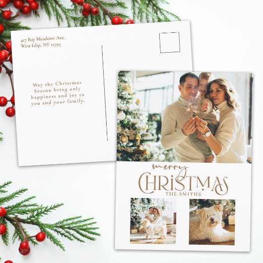 Moderne Gouden Vrolijke Kerst Typografie 3-Foto Feestdagenkaart