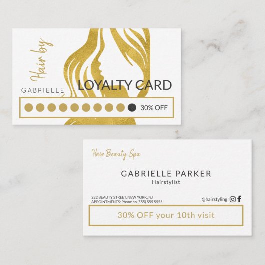 Moderne Gouden Vrouw Hoofd Wit Haar Salon Punch Klantenkaartje (Voorkant / Achterkant)