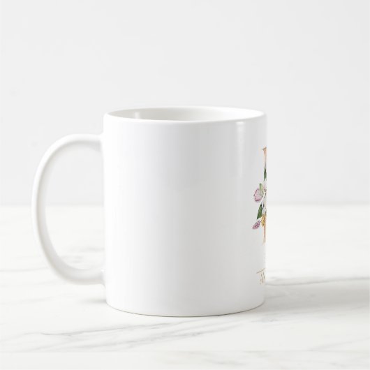 Moderne gouden Waterverf bloemletter E | Monogram Koffiemok (Links)