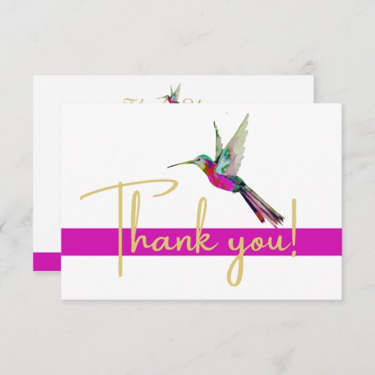 Moderne gouden Waterverf Hummingbird Pink Bedankkaart (Voorkant / Achterkant)