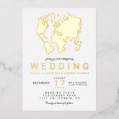 Moderne gouden wereldkaart trouwfoto folie uitnodiging (Voorkant)