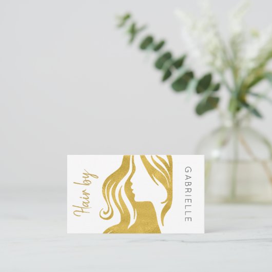 Moderne gouden witte en zwarte scripthaarstylist visitekaartje (Staand voorkant)