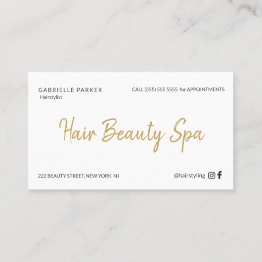 Moderne gouden witte en zwarte scripthaarstylist visitekaartje (Achterkant)