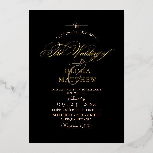 Moderne gouden zwart-wit foto bruiloft folie uitnodiging (Voorkant)