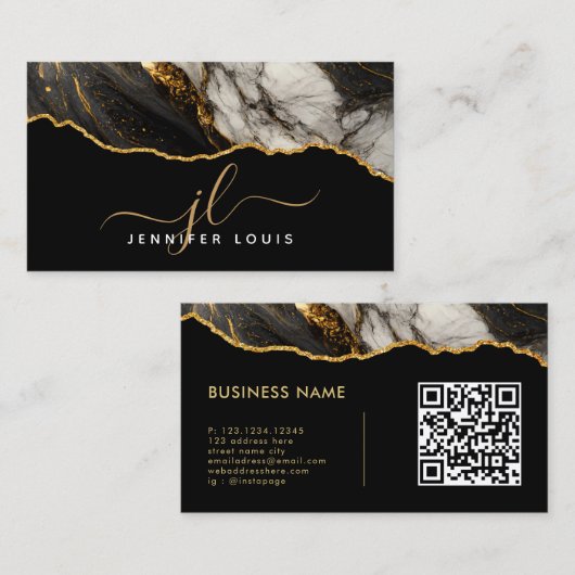 Moderne Gouden Zwarte Agaat Marmer QR Code Visitekaartje (Voorkant / Achterkant)