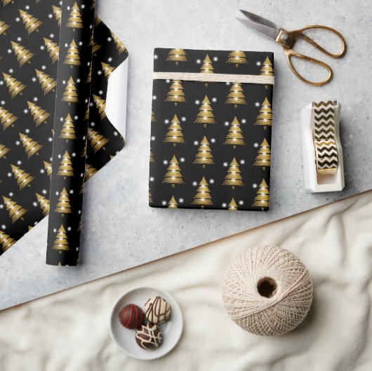 Moderne Gouden Zwarte Kerstboom Cadeaupapier (Crafts)
