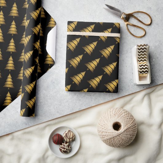 Moderne Gouden Zwarte Kerstboom Cadeaupapier (Crafts)