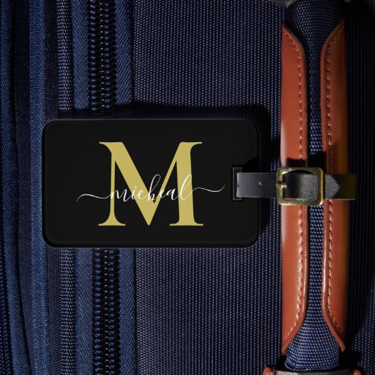 Moderne Gouden & Zwarte Monogram Script Naam Bagagelabel (Voorkant Insitu 4)