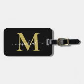 Moderne Gouden & Zwarte Monogram Script Naam Bagagelabel (Voorkant horizontaal)