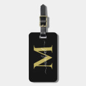 Moderne Gouden & Zwarte Monogram Script Naam Bagagelabel (Voorkant verticaal)