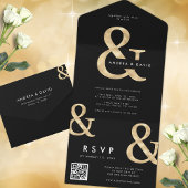 Moderne gouden zwarte QR-code RSVP Weddenschap All In One Uitnodiging
