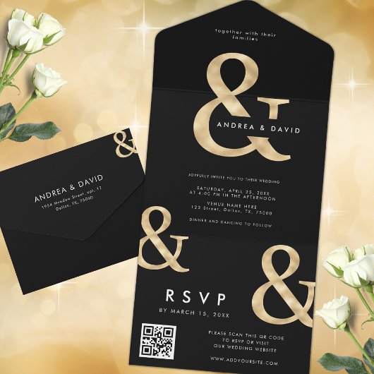 Moderne gouden zwarte QR-code RSVP Weddenschap All In One Uitnodiging
