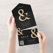 Moderne gouden zwarte QR-code RSVP Weddenschap All In One Uitnodiging (Afscheurbaar)
