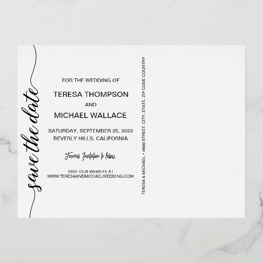 Moderne goudfolie Bespaar de datum Foto bruiloft Folie Uitnodiging Briefkaart (Achterkant)