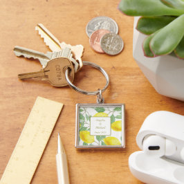 Moderne goudgele leemons - Groene lederen bruiloft Sleutelhanger