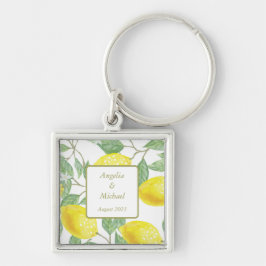 Moderne goudgele leemons - Groene lederen bruiloft Sleutelhanger