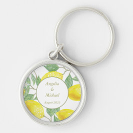 Moderne goudgele leemons - Groene lederen bruiloft Sleutelhanger