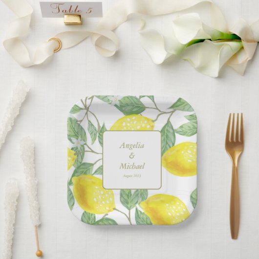 Moderne goudgele leemons Groene Lemons Weddenschap Papieren Bordje (Huwelijk)