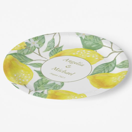 Moderne goudgele leemons Groene Lemons Weddenschap Papieren Bordje (Gekanteld)