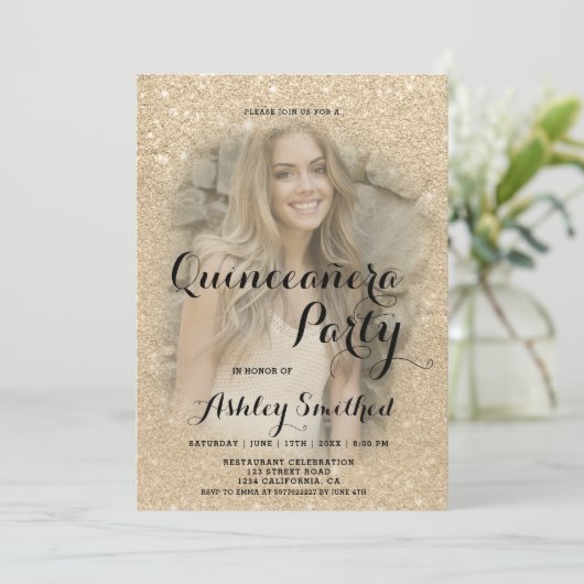 Moderne goudglitter-foto Quinceañera Kaart (Staand voorkant)
