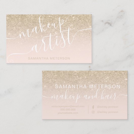 Moderne goudglitter ombre blush make-up script visitekaartje (Voorkant / Achterkant)