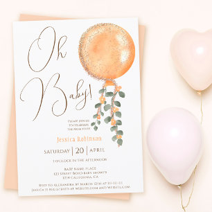 Moderne goudglitter oranje ballon Oh baby shower Kaart