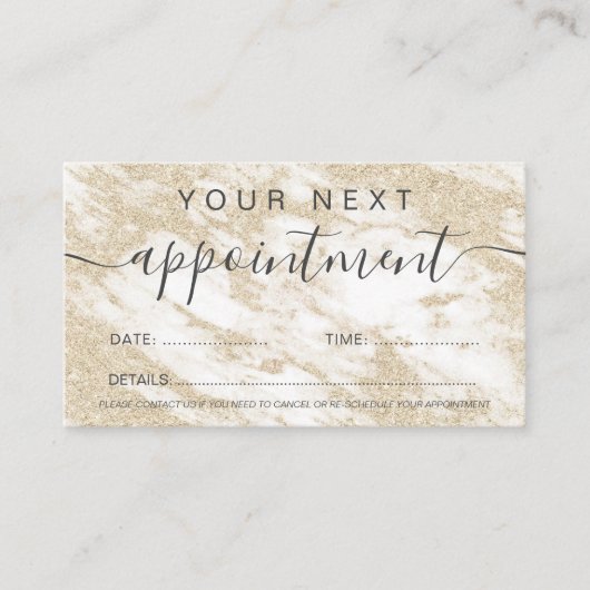 Moderne goudglitter-witmarmer-professional afsprakenkaartje (Voorkant)