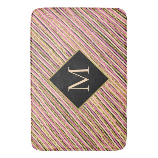 Moderne goudglittermonogram stripes badmat (Voorkant Verticaal)