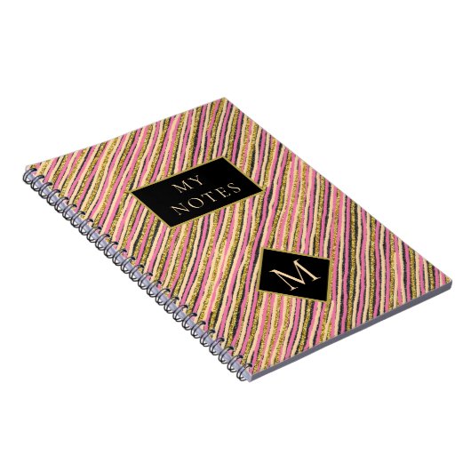 Moderne goudglittermonogram stripes notitieboek (Rechterzijde)