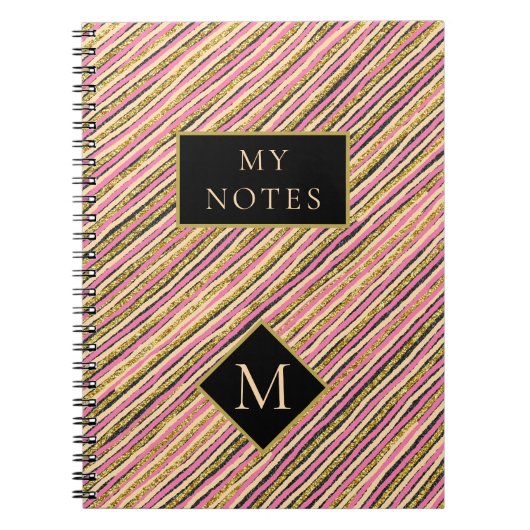 Moderne goudglittermonogram stripes notitieboek (Voorkant)