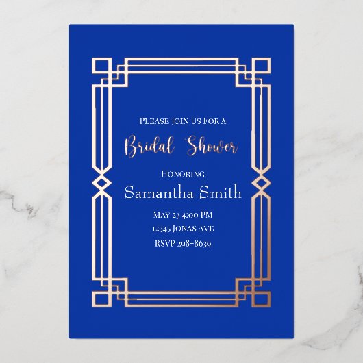 Moderne goudgrens van Roos aan de marineblauw Vrij Folie Uitnodiging (Voorkant)