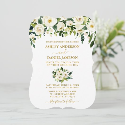 Moderne goudgroene bruine bruiloft kaart (Staand voorkant)