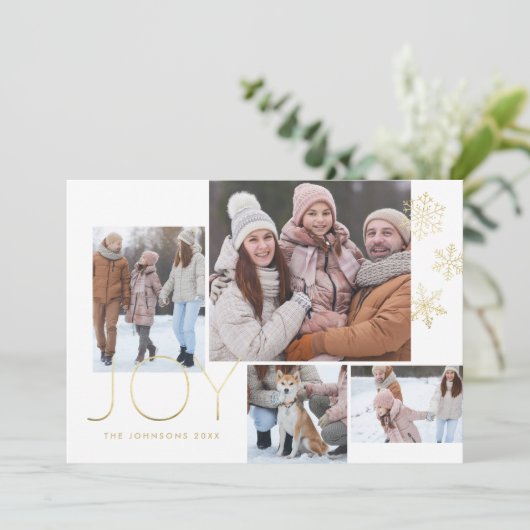 Moderne goudkalligrafie en sneeuwvlokken 1 Foto Feestdagenkaart (Staand voorkant)