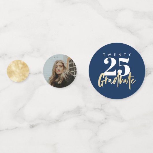 Moderne goudkalligrafie Foto blauw Afstuderen Confetti (Voorkanten)