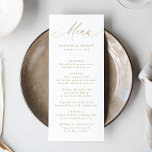Moderne goudkalligrafie menu<br><div class="desc">Voeg een vleugje luxe toe aan uw huwelijksreceptie met dit elegante huwelijksmenu, met "Menu" in verfijnde gouden kalligrafie op een klassieke witte achtergrond. Dit moderne, eenvoudige en elegante ontwerp stelt koppels in staat om hun menu te personaliseren met hun namen, trouwdatum en maaltijddetails in vetgedrukte gouden letters. Perfect voor zowel...</div>