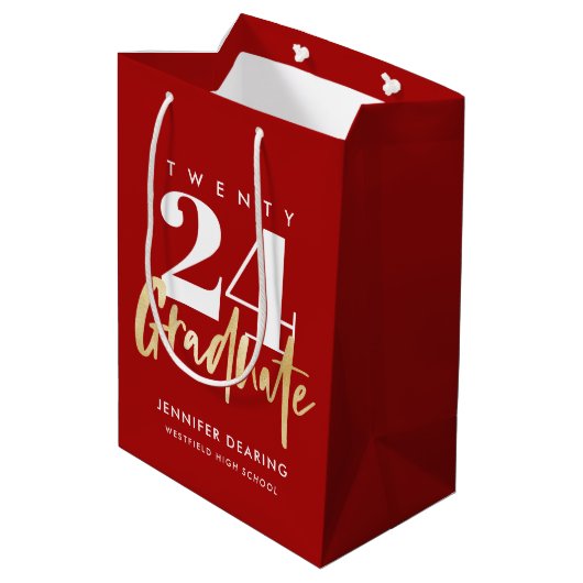 Moderne goudkalligrafie rood Afstuderen Medium Cadeauzakje (Achterkant Gekanteld)