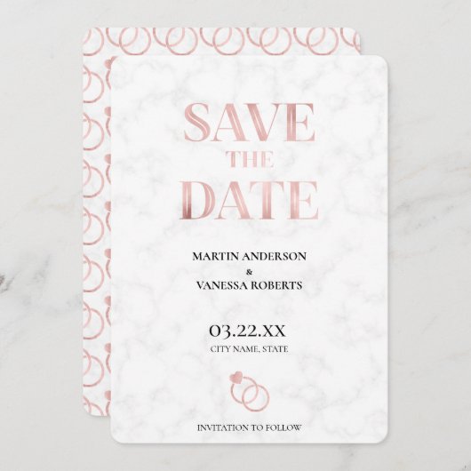 Moderne goudmarmer-Roos gouden bruiloft Save The Date (Voorkant / Achterkant)