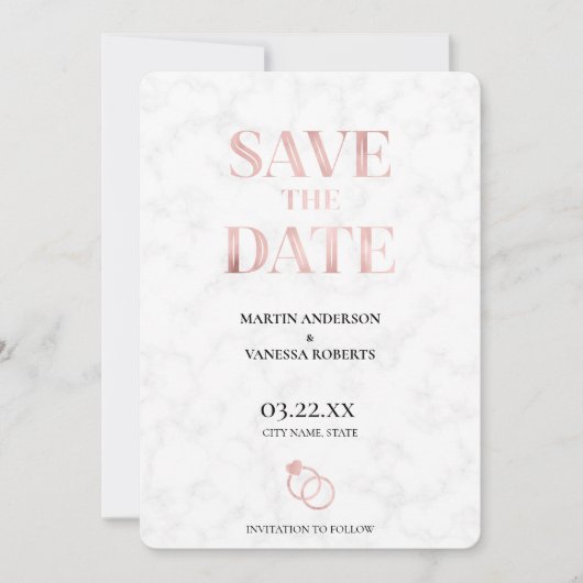 Moderne goudmarmer-Roos gouden bruiloft Save The Date (Voorkant)