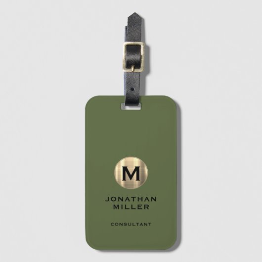 Moderne goudmonogram Olive Green Bagagelabel (Voorkant (verticaal))