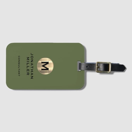 Moderne goudmonogram Olive Green Bagagelabel (Voorkant (horizontaal))