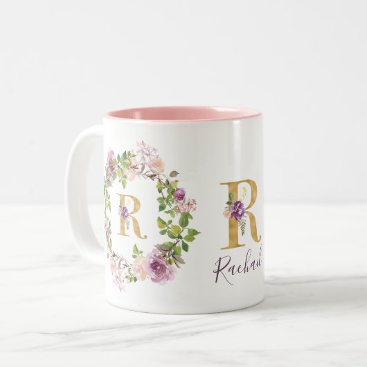 Moderne goudmonogram R Waterverf Floral Wreator Tweekleurige Koffiemok (Voorkant links)