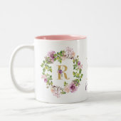 Moderne goudmonogram R Waterverf Floral Wreator Tweekleurige Koffiemok (Links)