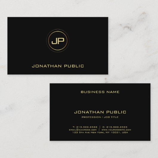 Moderne goudmonogram zwarte Sjabloon in Elegant Go Visitekaartje (Voorkant / Achterkant)