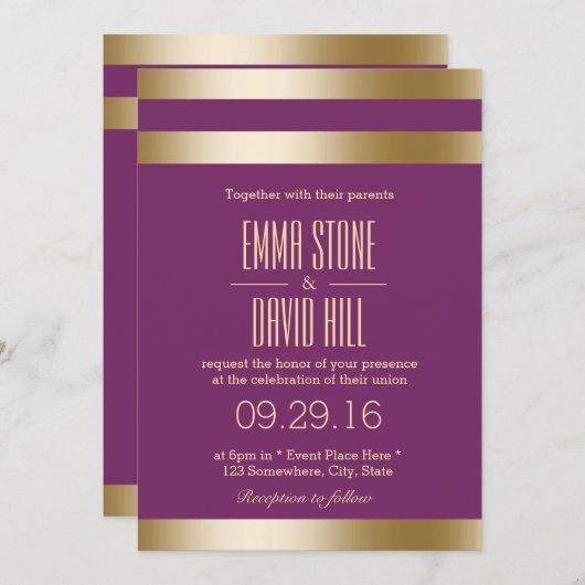 Moderne goudolietestes Elegant Paars bruiloft Kaart (Voorkant / Achterkant)