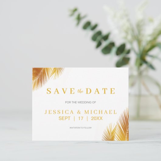 Moderne goudpalen laten legant de datum opslaan aankondigingskaart (Staand voorkant)