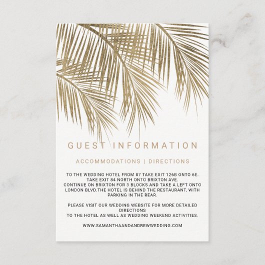 Moderne goudpalm invoegen details bruiloft informatiekaartje (Voorkant)