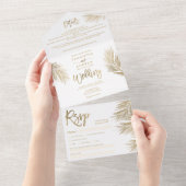 Moderne goudpalm tropische bruiloft all in one uitnodiging (Afscheurbaar)