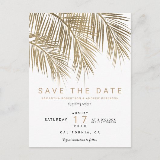 Moderne goudpalmboom, elegant, bespaart de datum aankondigingskaart (Voorkant)